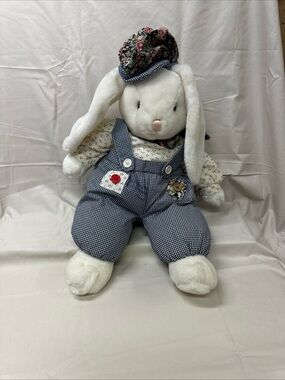 Plush White Bunny in Blue Gingham Overalls with Floral Hat